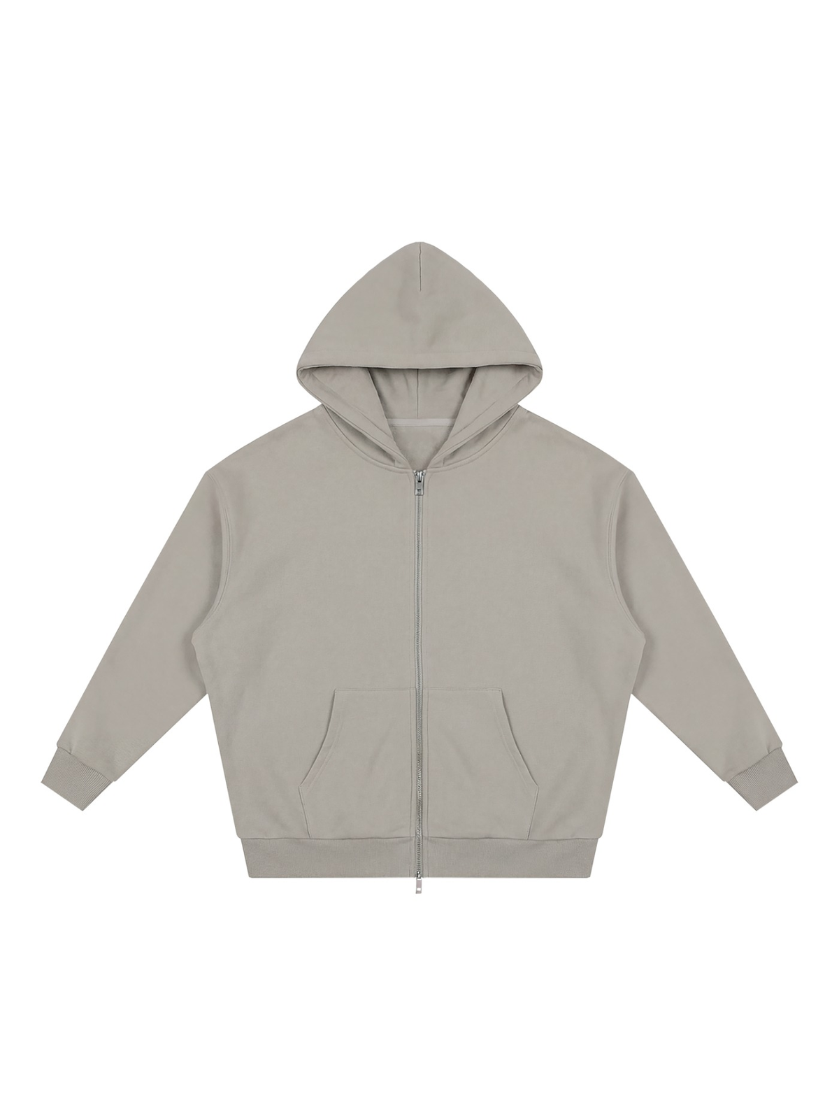 Unisex loose full zip hoodie in Light Gray, front view on white. Marcel Afters