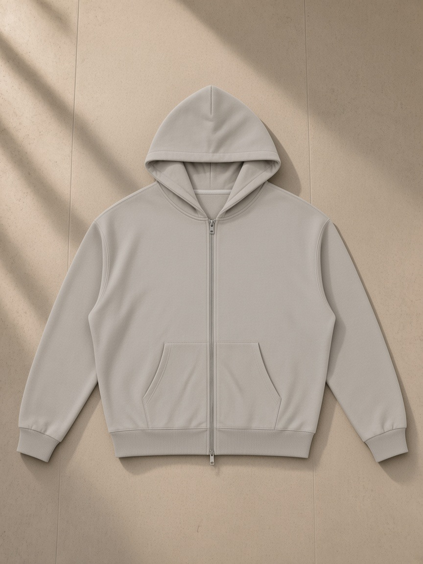 Loose Solid Full Zip Hoodie in Light Gray, laid flat on pale limestone, front.
