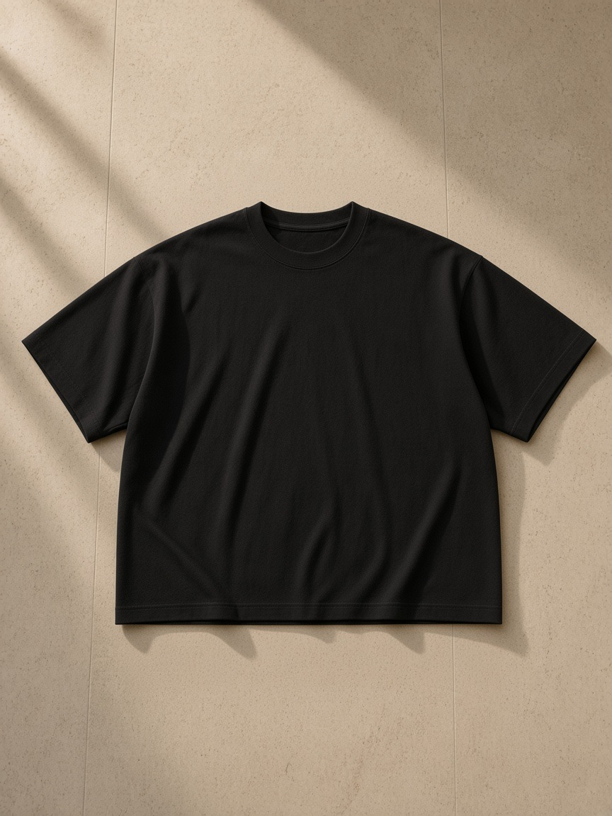 Unisex heavyweight boxy raw edge t-shirt in Black, laid flat on pale limestone