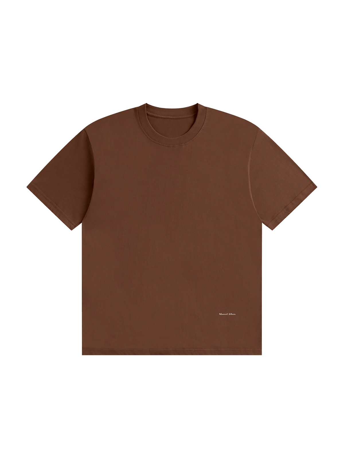 Unisex seamless cotton t-shirt in Coffee, front view on white. Marcel Afters