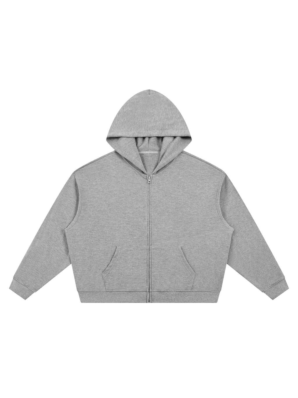 Unisex waffle boxy full zip hoodie in Flower Gray, front view on white. Marcel Afters