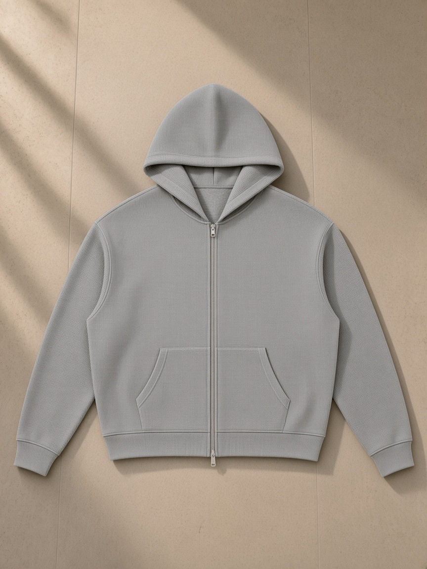 Unisex waffle boxy full zip hoodie in Flower Gray, laid flat on pale limestone