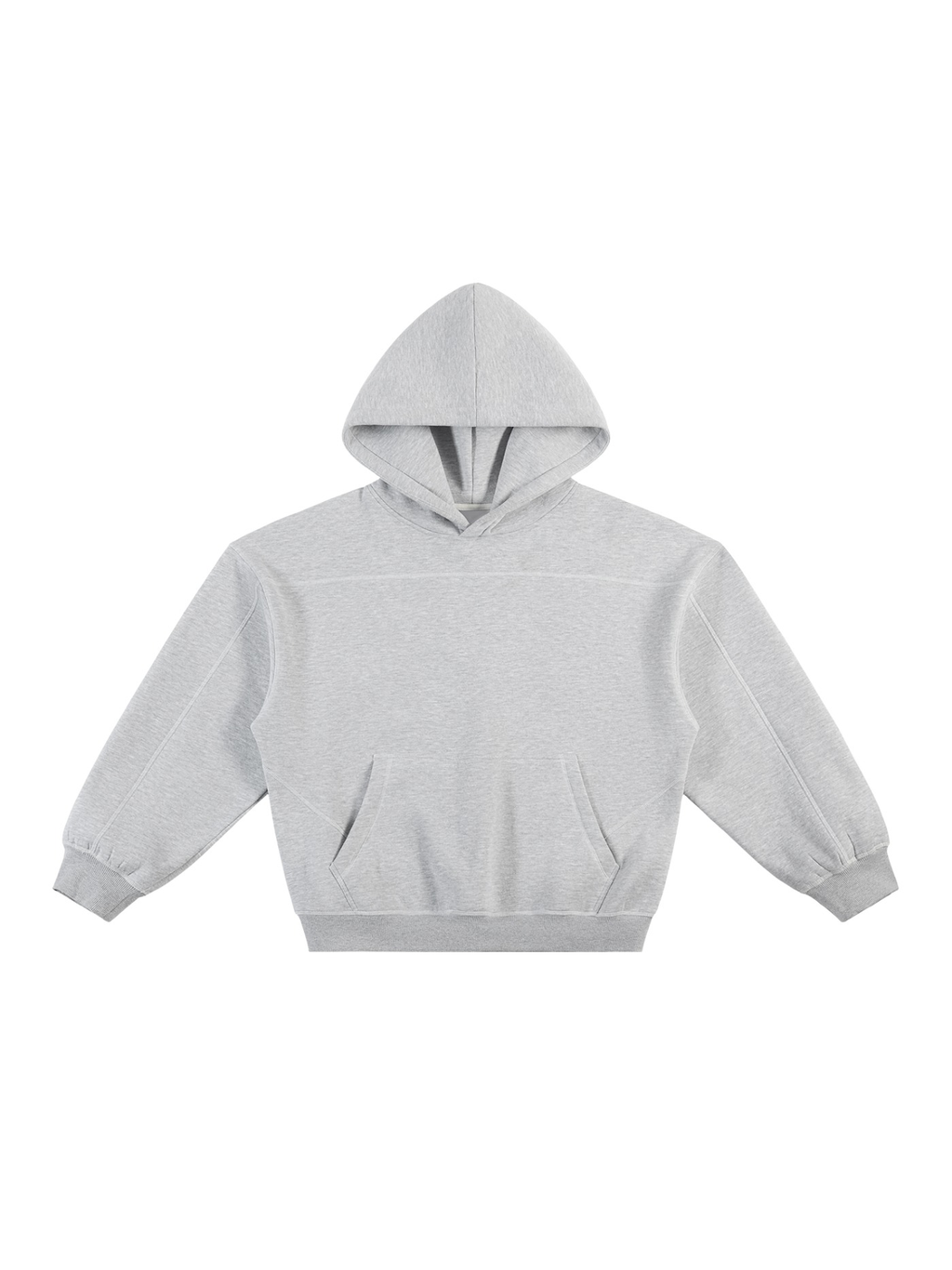 Unisex contrast-stitched boxy fleece hoodie in Flower Gray, front view on white. Marcel Afters