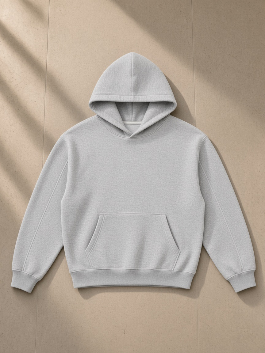 Unisex contrast-stitched boxy fleece hoodie in Flower Gray, laid flat on pale limestone