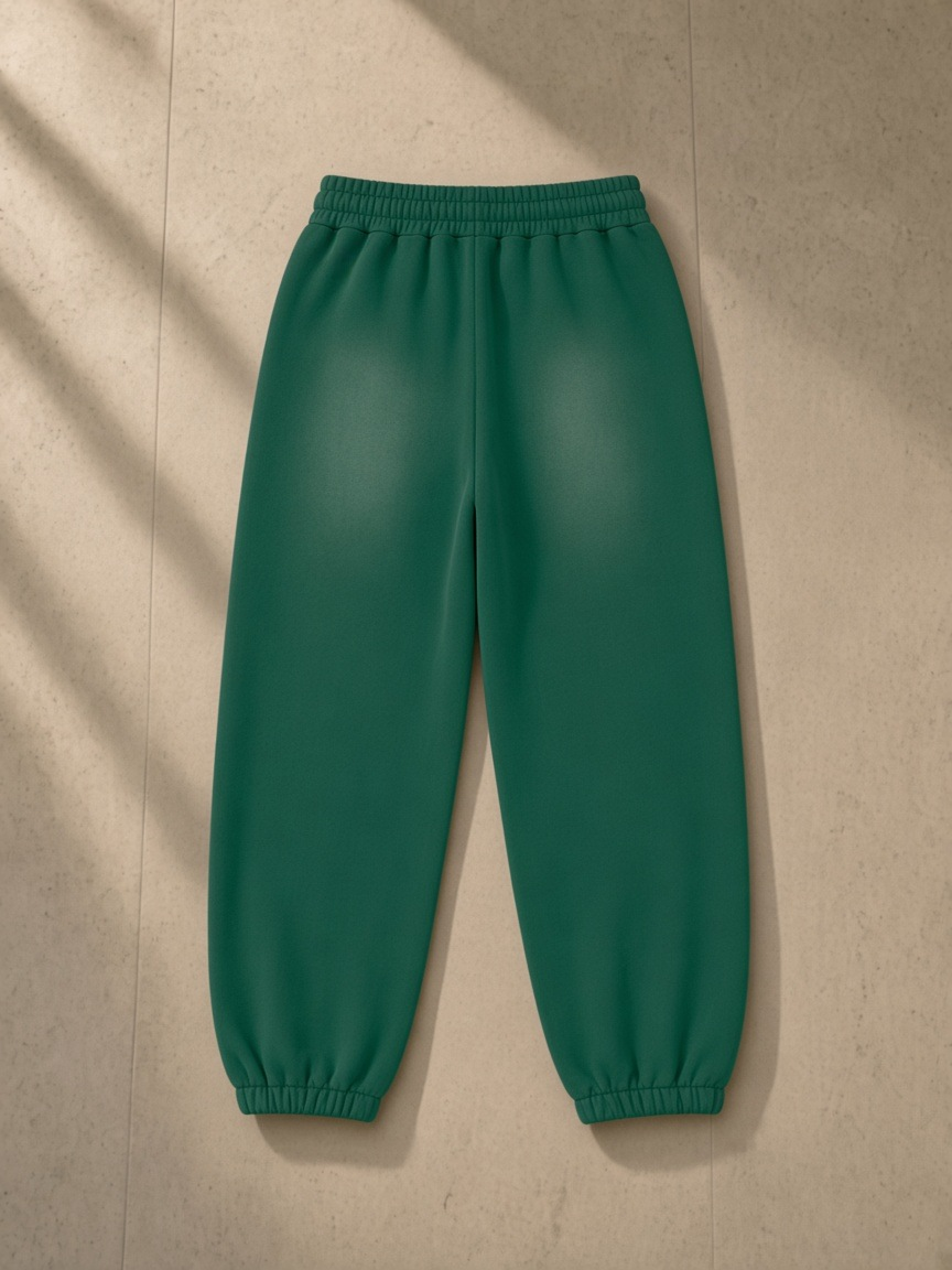 Vintage Washed Fleece Jogger Sweatpants in Dark Green, laid flat on pale limestone, back.