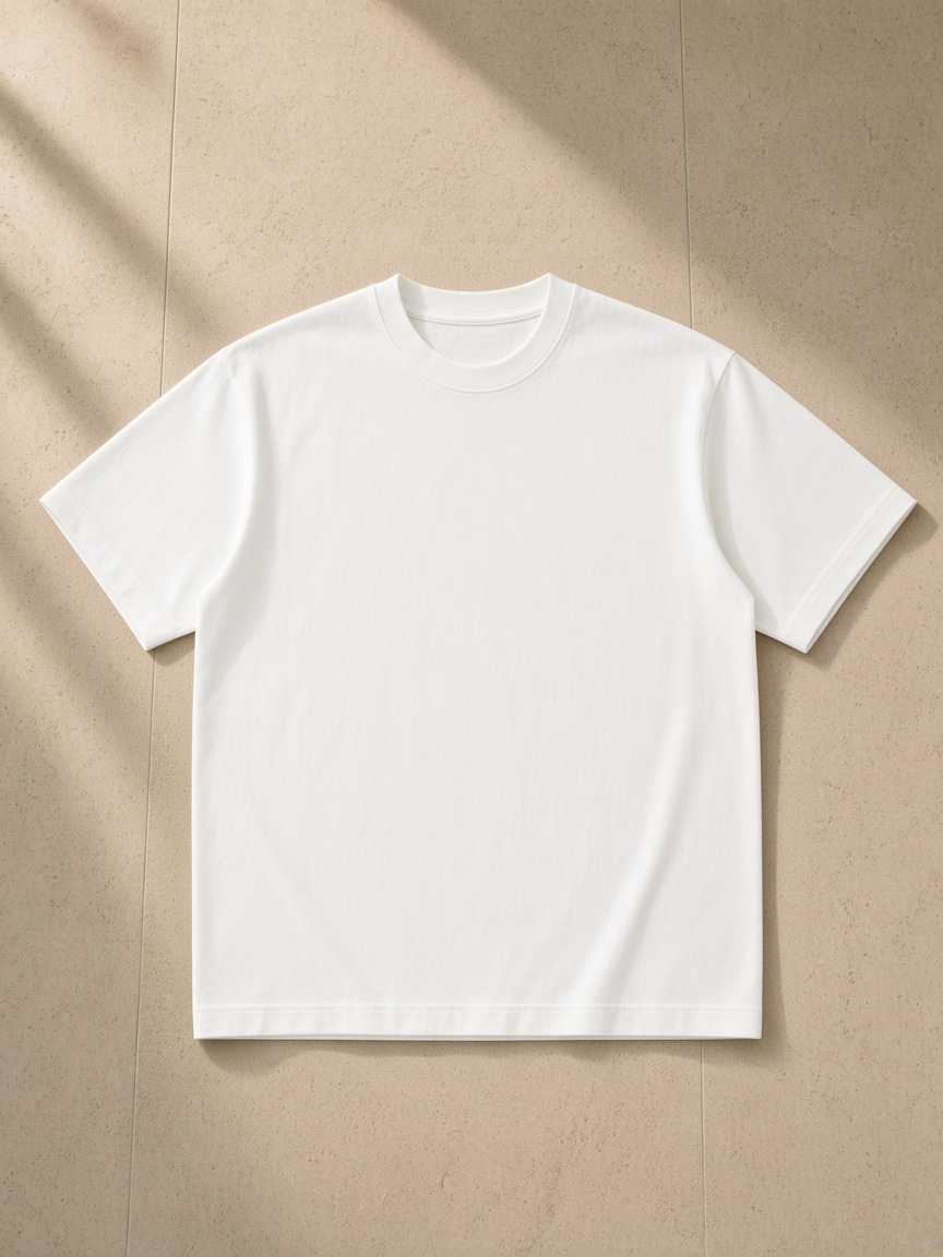 Heavyweight Vintage Washed Frayed T-Shirt in White, laid flat on pale limestone