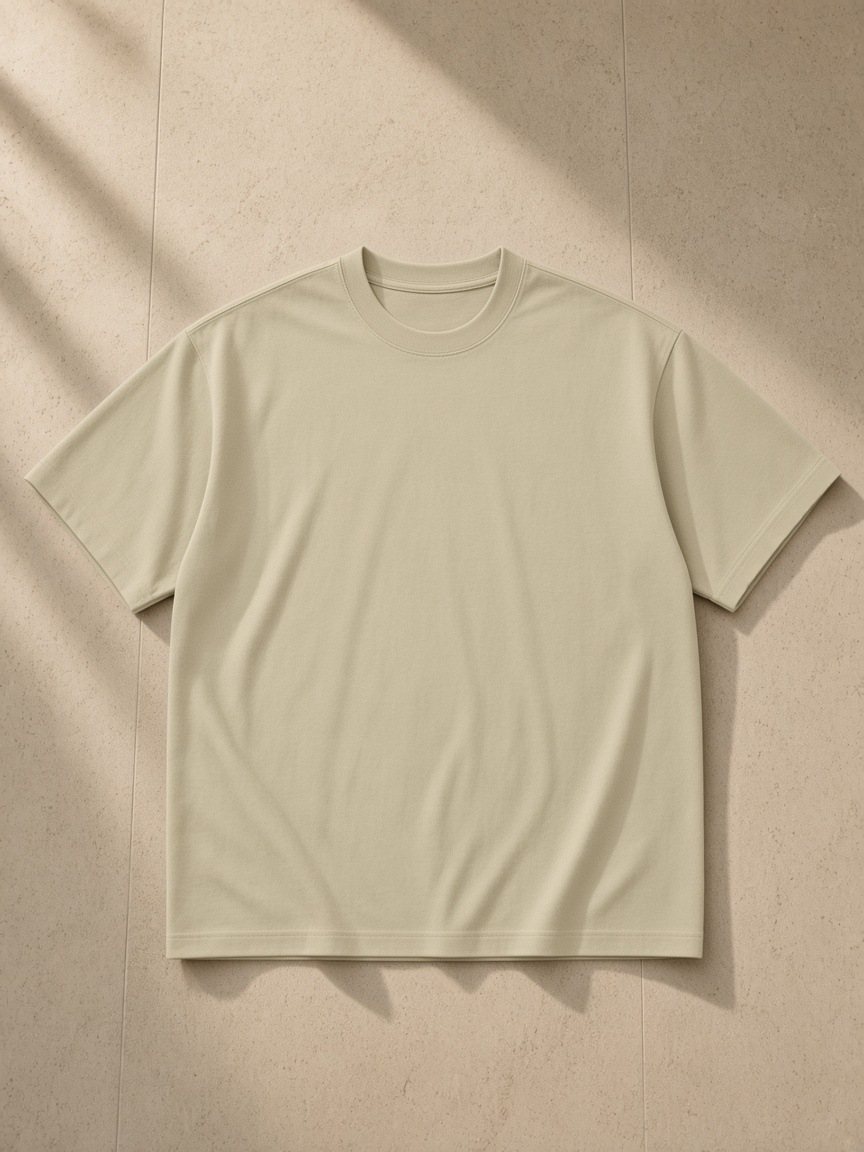 Women's Heavyweight Drop Shoulder T-Shirt in Pale Khaki, laid flat on pale limestone