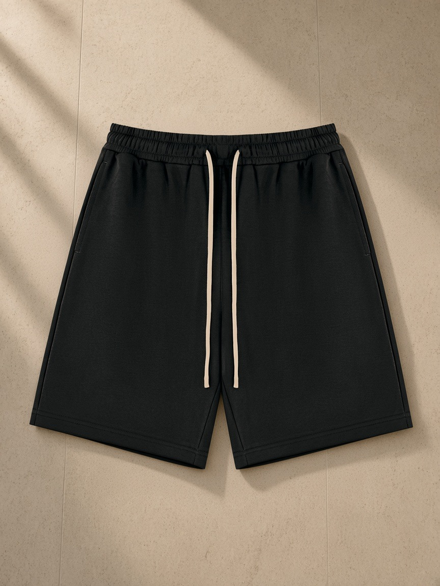 Drawstring shorts in Black, laid flat on pale limestone