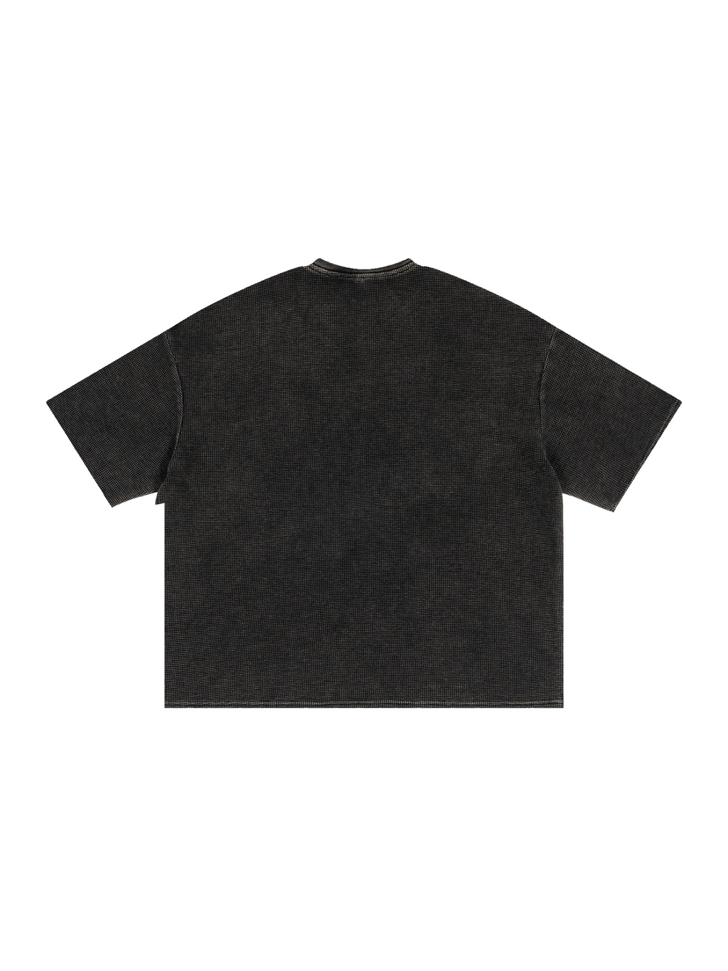 Unisex textured waffle washed boxy t-shirt in Black, back view on white. Marcel Afters
