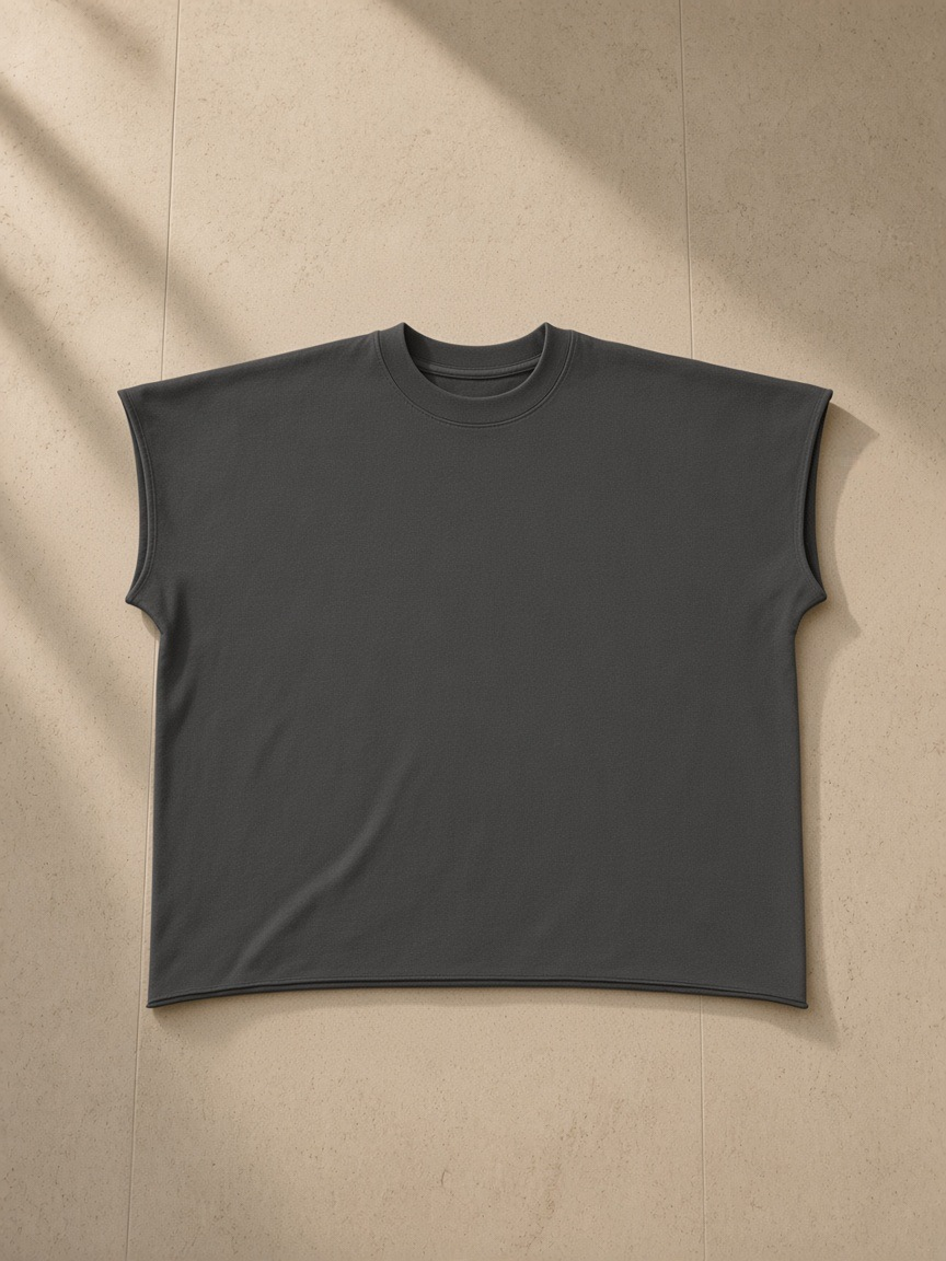Unisex raw edge boxy non-shrink t-shirt in Dark Gray, laid flat on pale limestone