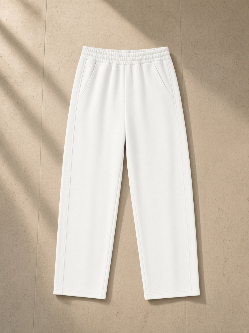 Tapered straight hem sweatpants in White on a wooden hanger in a Tribeca loft at night