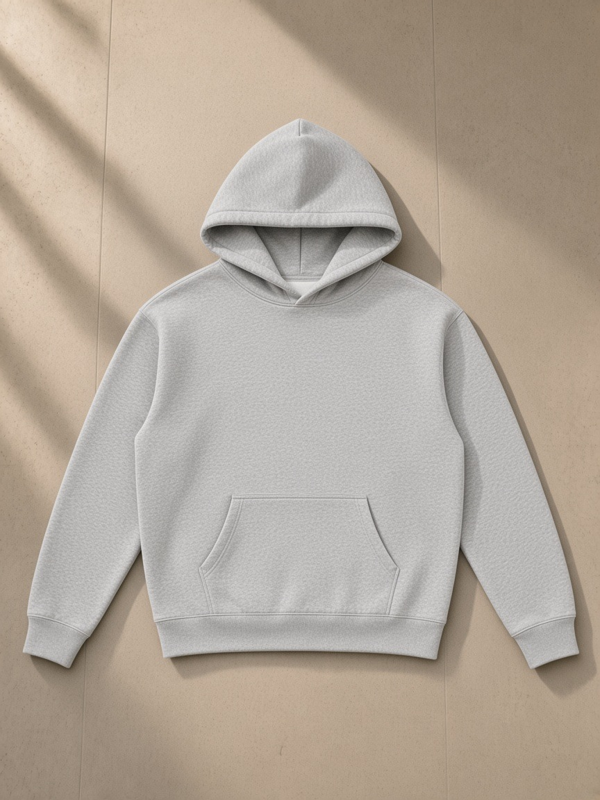 Oversize fleeced hoodie in Flower Gray, laid flat on pale limestone