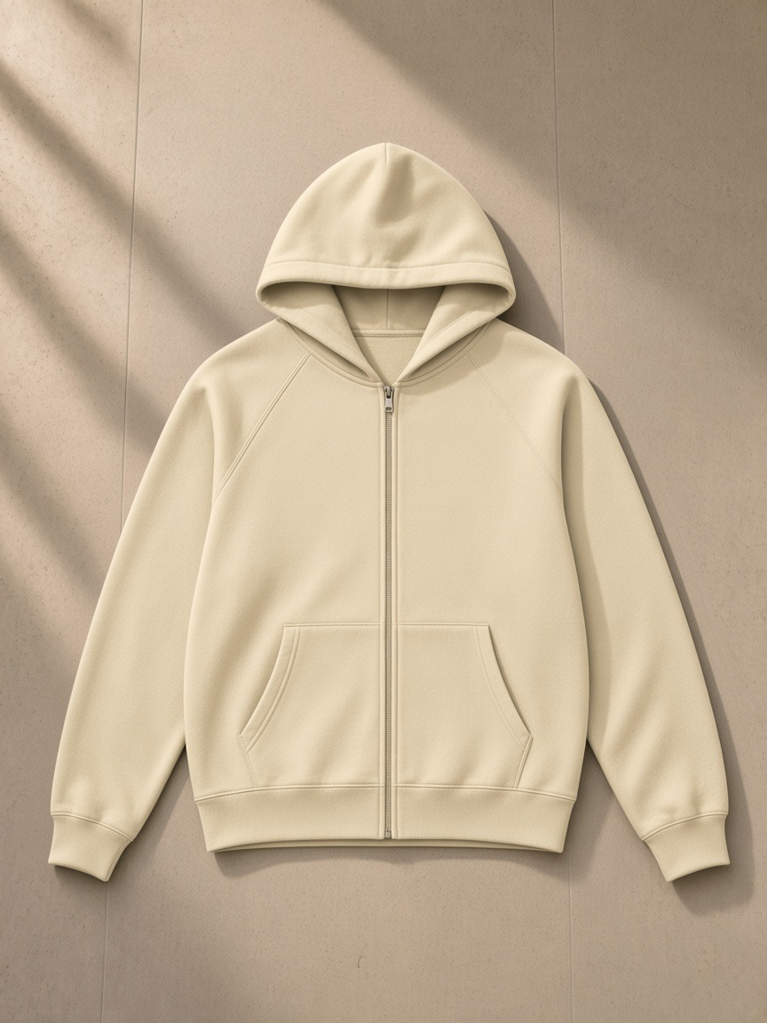 Essential zip-up fleece hoodie in Apricot, laid flat on pale limestone