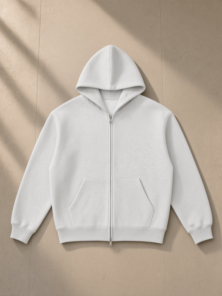 Essential heavyweight pocket hoodie in Oat Gray, laid flat on pale limestone