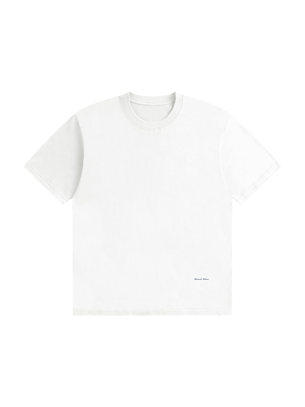 Unisex seamless cotton t-shirt in White, front view on white. Marcel Afters