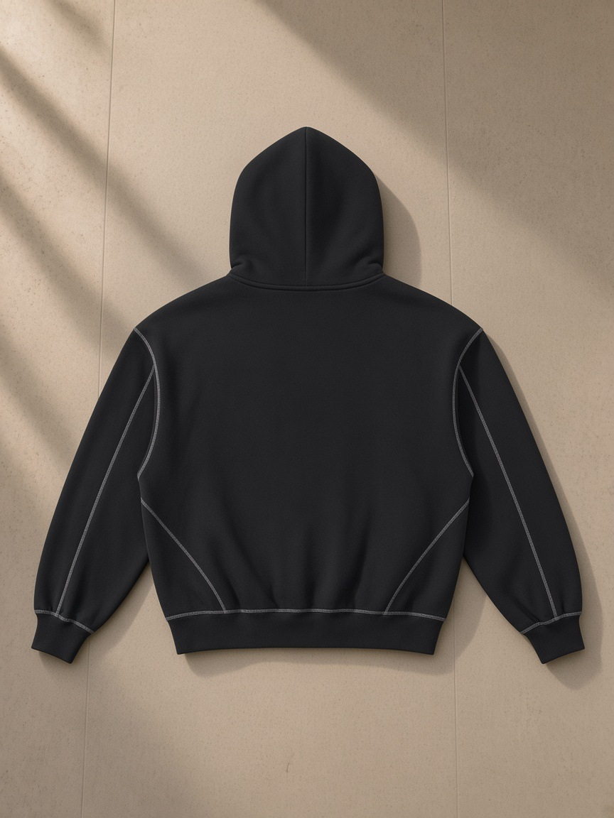 Contrast-stitched boxy fleece zip hoodie in Black, laid flat on pale limestone, back view