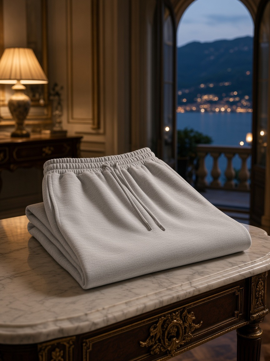 Essential Jogged Sweatpants in Flower Gray over a vanity stool in a Lake Como villa at night
