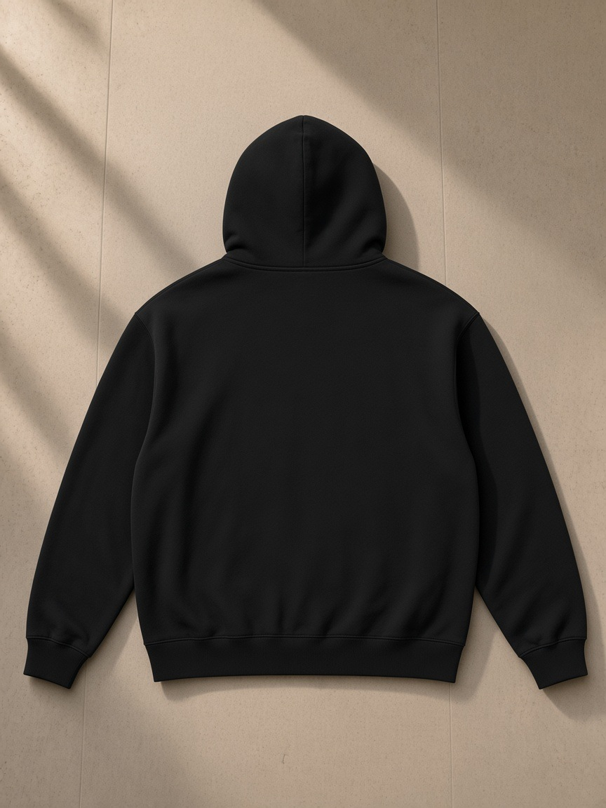 Women's heavyweight full-zip hoodie in Black, laid flat on pale limestone, back view
