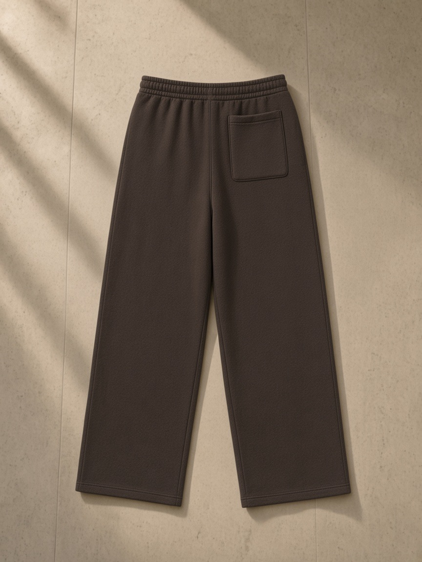 Fleece Drawstring Straight-Leg Sweatpants in Brown, laid flat on pale limestone, back.