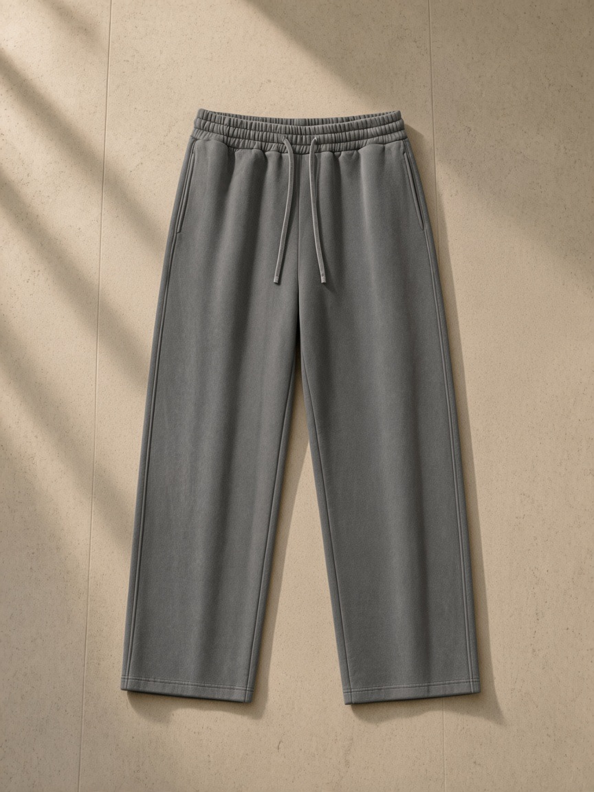 Vintage Wash Sweatpants in Dark Gray, laid flat on pale limestone