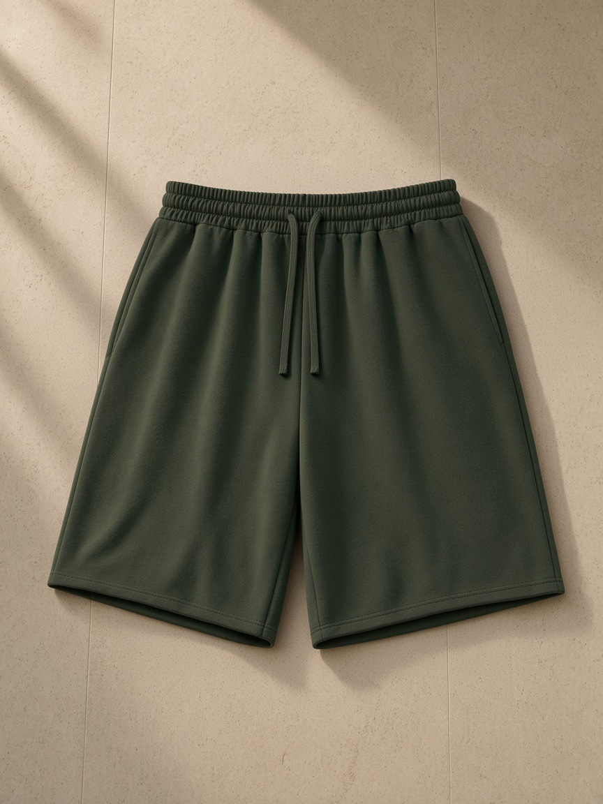 Loose Raw Edge Shorts in Blackish Green, laid flat on pale limestone