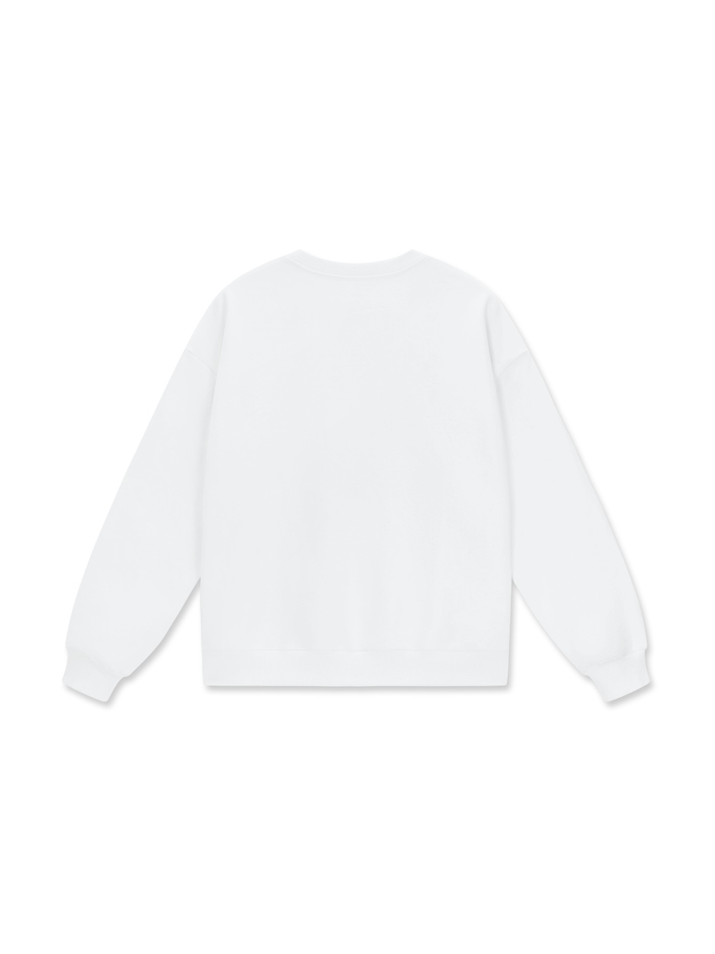 Unisex heavyweight drop shoulder sweatshirt in Lucent White, back view on white. Marcel Afters