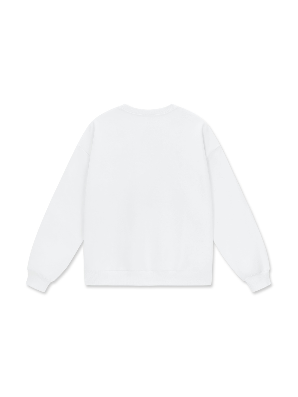 Unisex heavyweight drop shoulder sweatshirt in Lucent White, back view on white. Marcel Afters