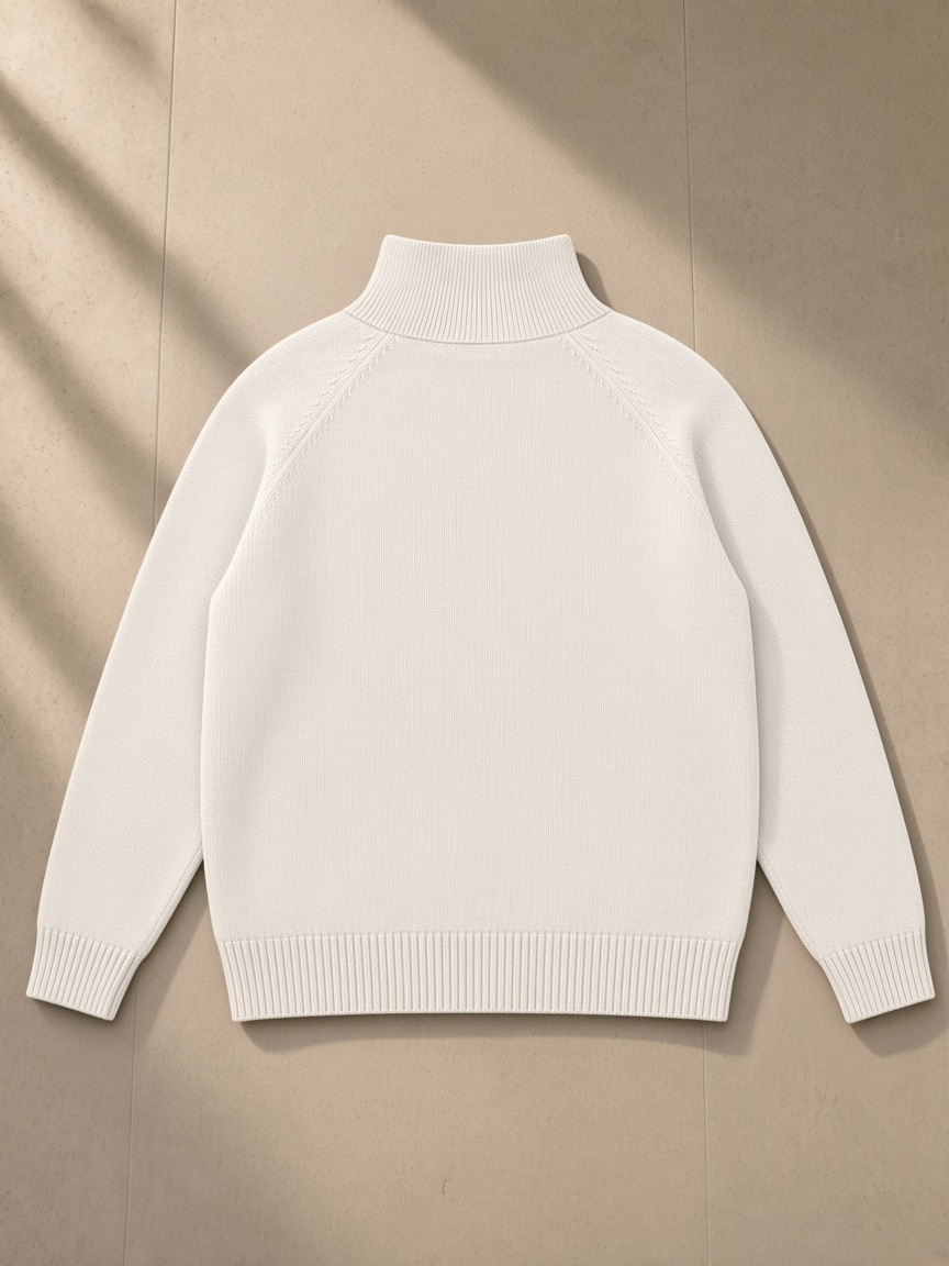 Heavyweight Collared Quarter-Zip in Beige, laid flat on pale limestone, back view
