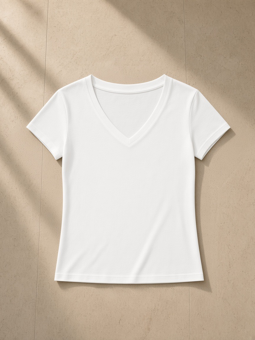 Tencel slim fit v-neck t-shirt in White, laid flat on pale limestone