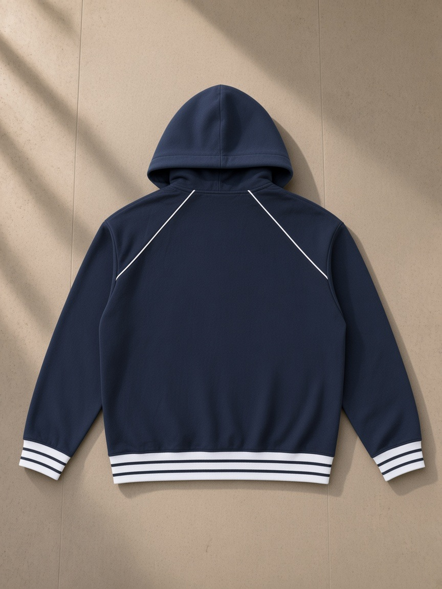Unisex striped trim zip-up hoodie in Navy Blue, back view on white. Marcel Afters