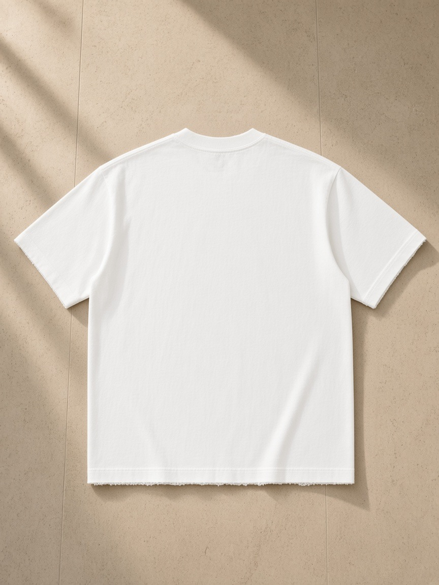 Heavyweight Vintage Washed Frayed T-Shirt in White, laid flat on pale limestone, back view