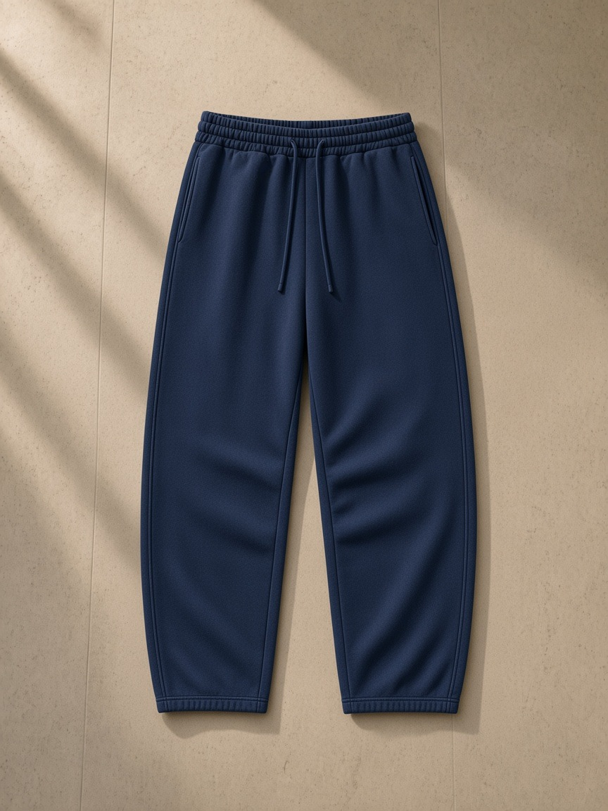Vintage wash barrel leg fleece sweatpants in Navy Blue, laid flat on pale limestone