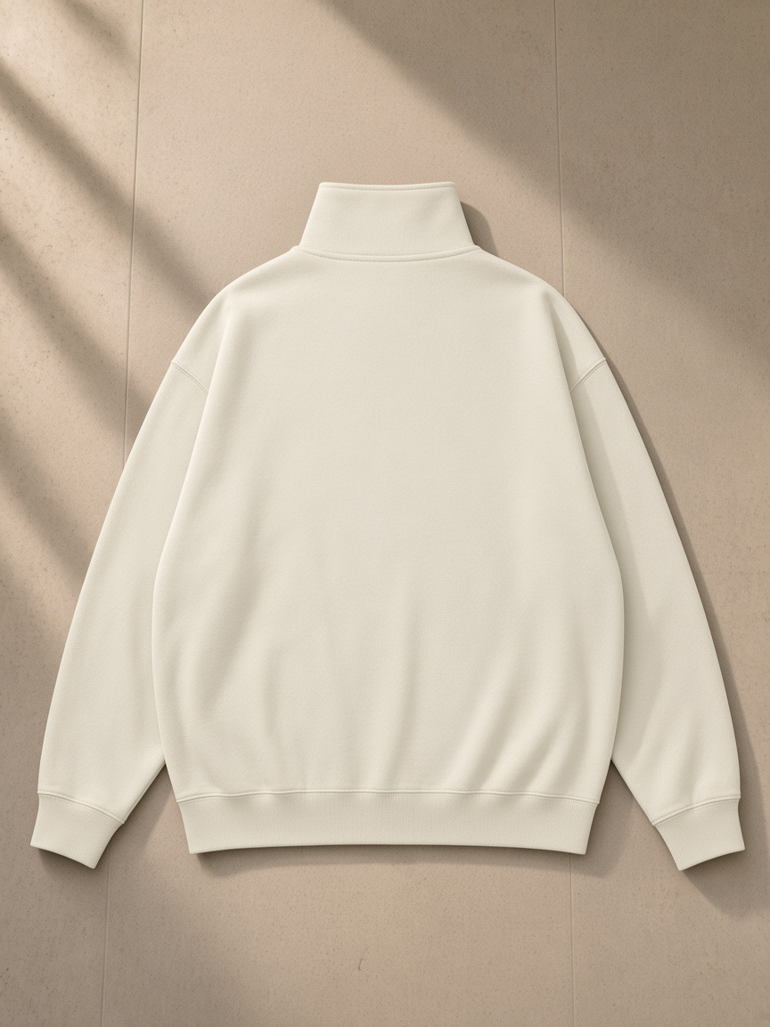 Quarter-Zip Drop Shoulder Sweatshirt in Light Gray, laid flat on pale limestone, back view