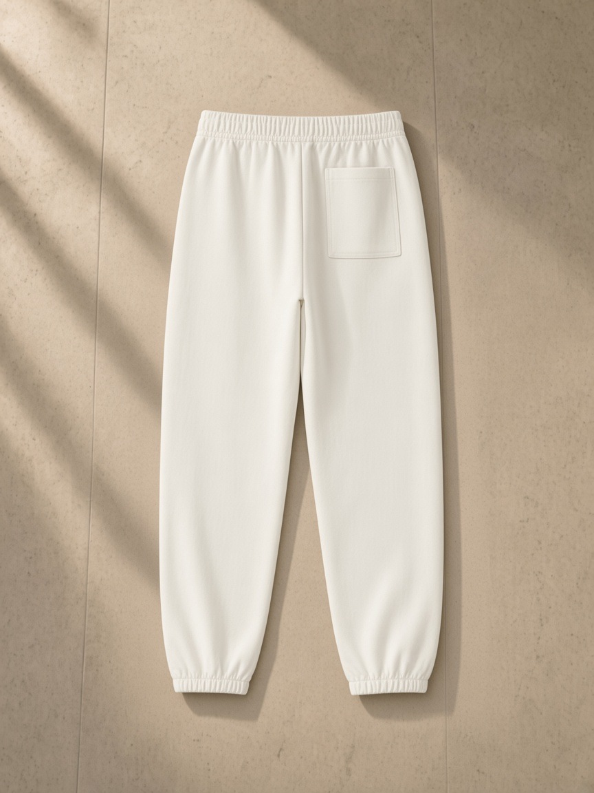 Essential Heavyweight Cotton Sweatpants in Apricot, laid flat on pale limestone, back.