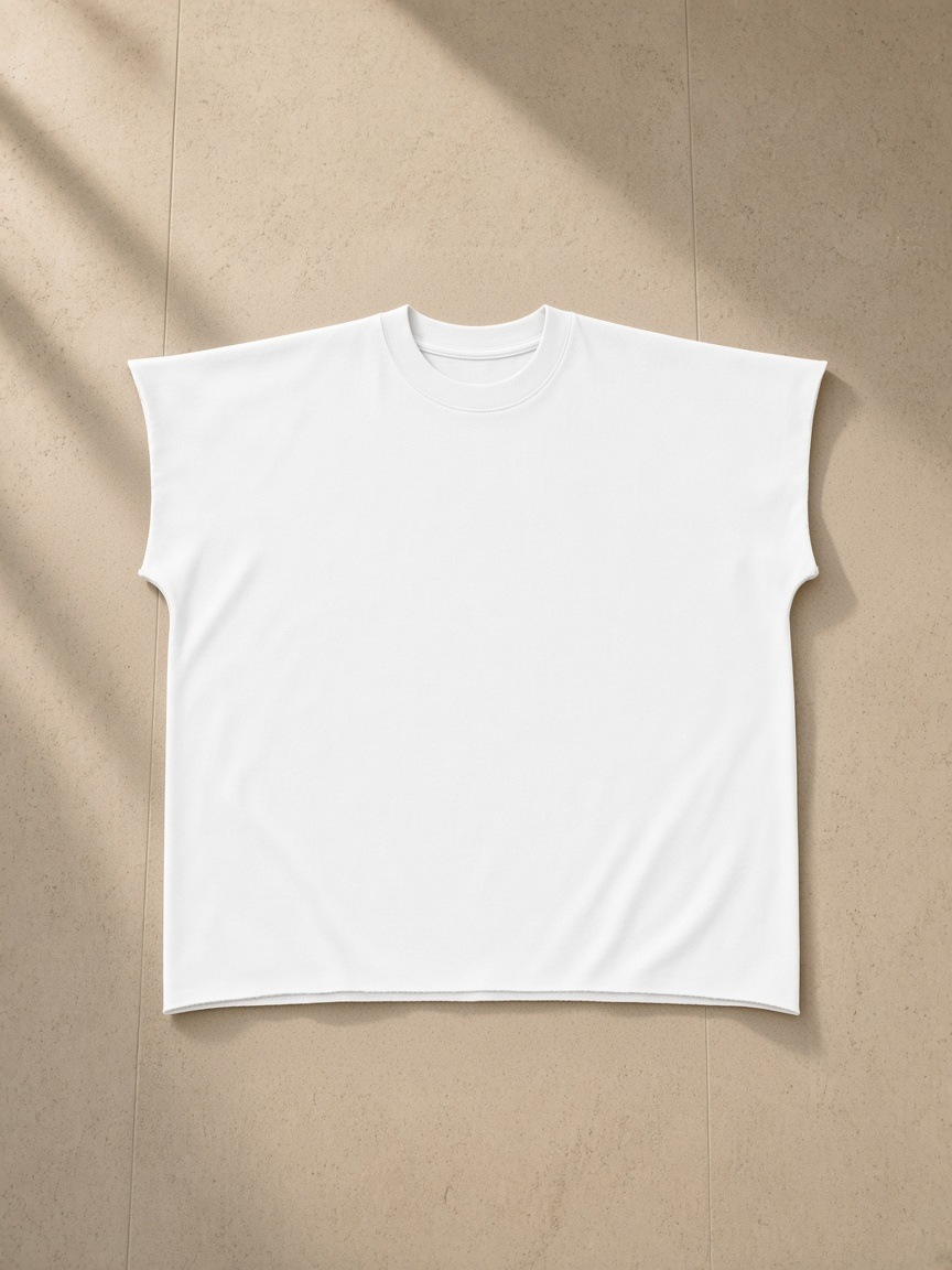 Unisex raw edge boxy non-shrink t-shirt in White, laid flat on pale limestone