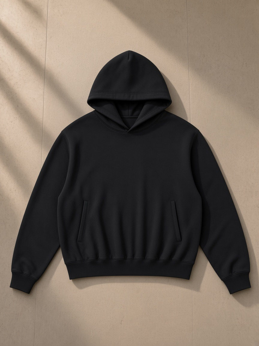 Oversized Drop Shoulder Hoodie in Black, laid flat on pale limestone