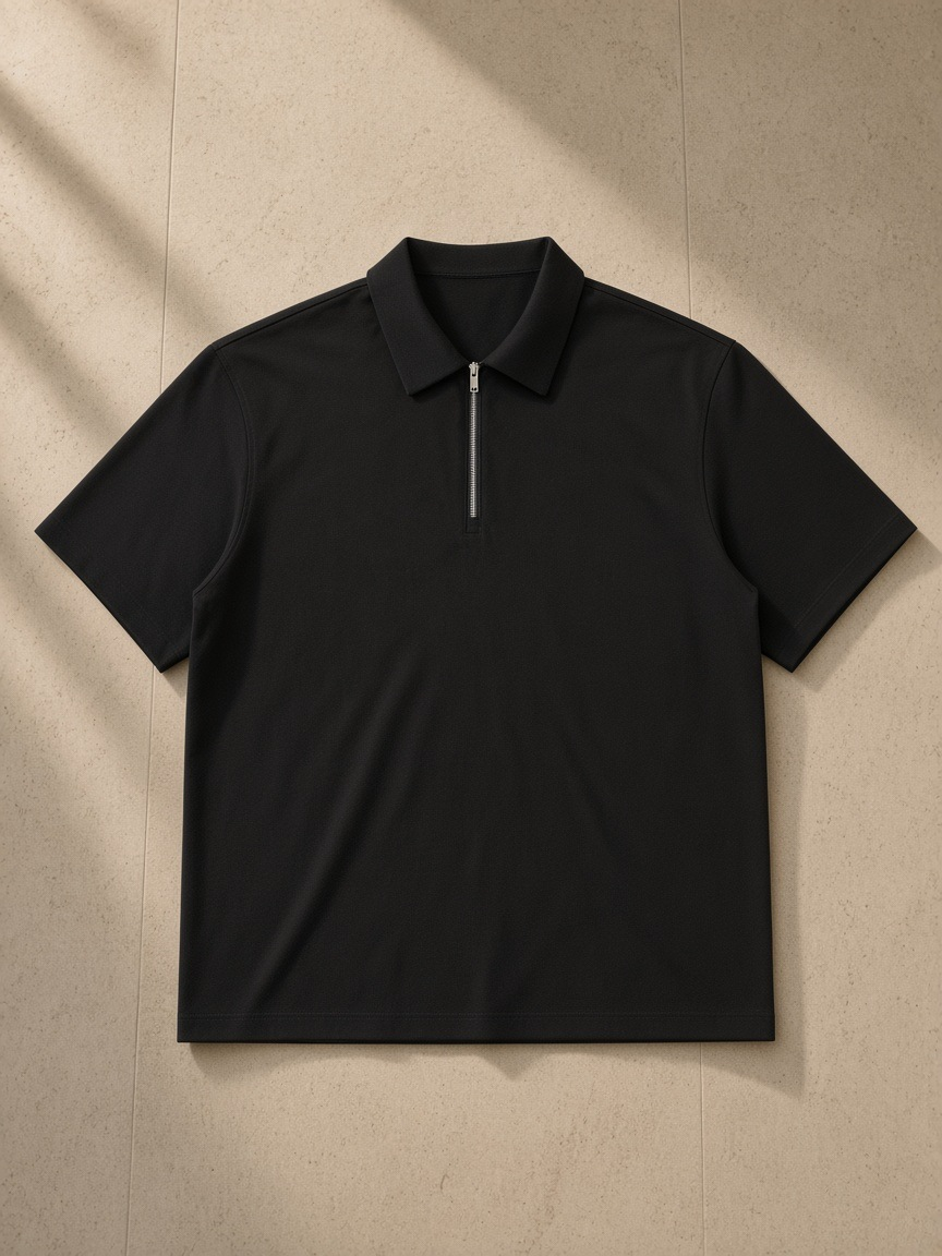 Half-Zip Cotton Polo in Black, laid flat on pale limestone
