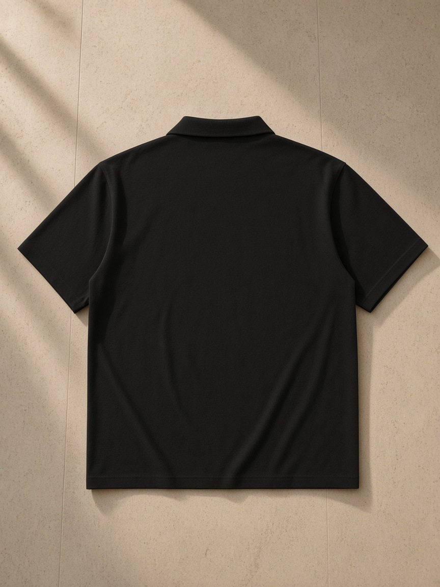 Half-Zip Cotton Polo in Black, laid flat on pale limestone, back view