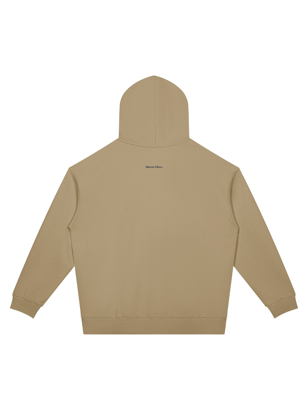 Unisex oversized drop shoulder hoodie in Khaki, back view on white. Marcel Afters