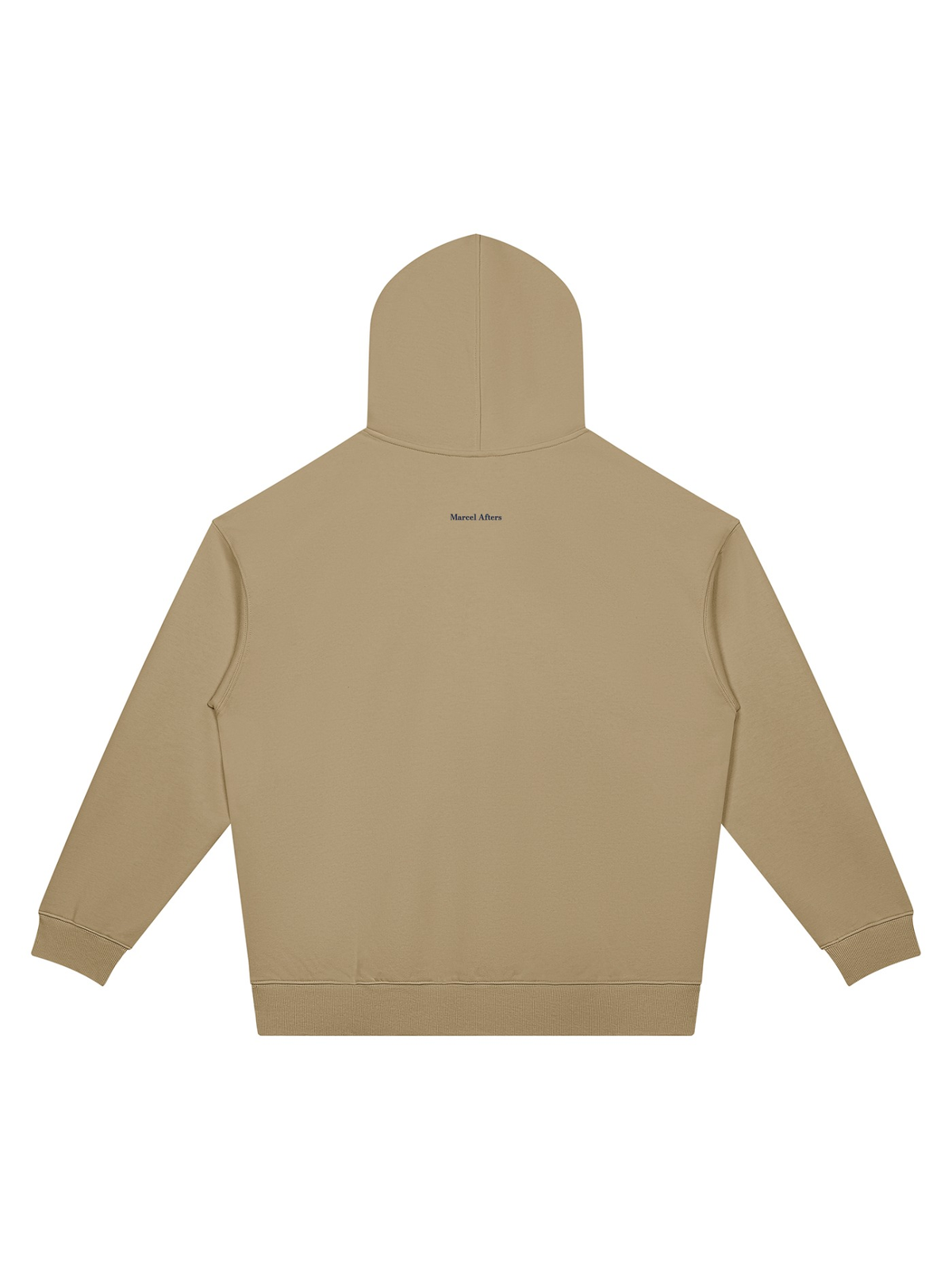 Unisex oversized drop shoulder hoodie in Khaki, back view on white. Marcel Afters