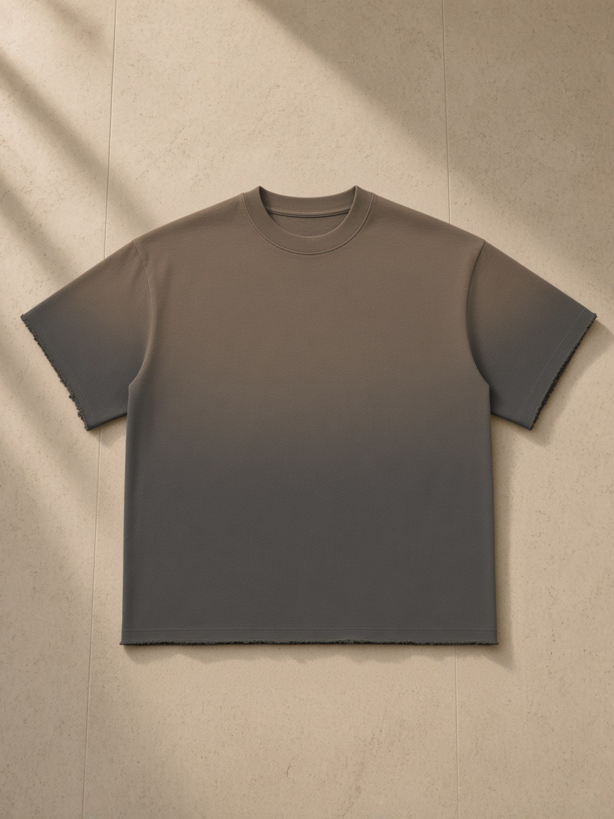 Men's sun fade raw edge t-shirt in Dark Gray, laid flat on pale limestone