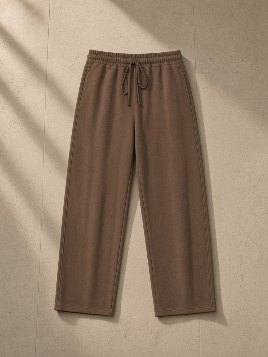 Unisex straight-leg sweatpants in Coffee draped over a pool lounger in a Utah desert suite at night