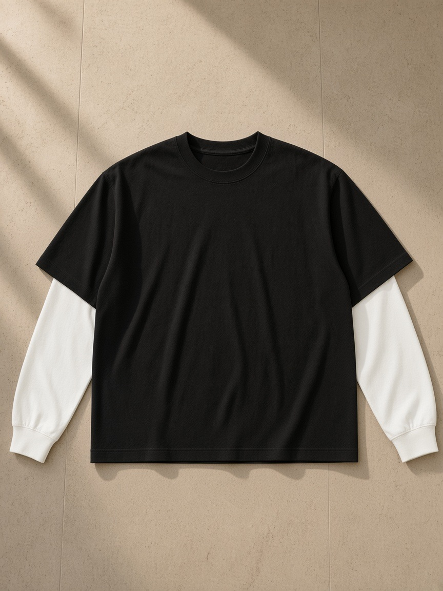 Layered contrast sleeve t-shirt in Black with White, laid flat on pale limestone