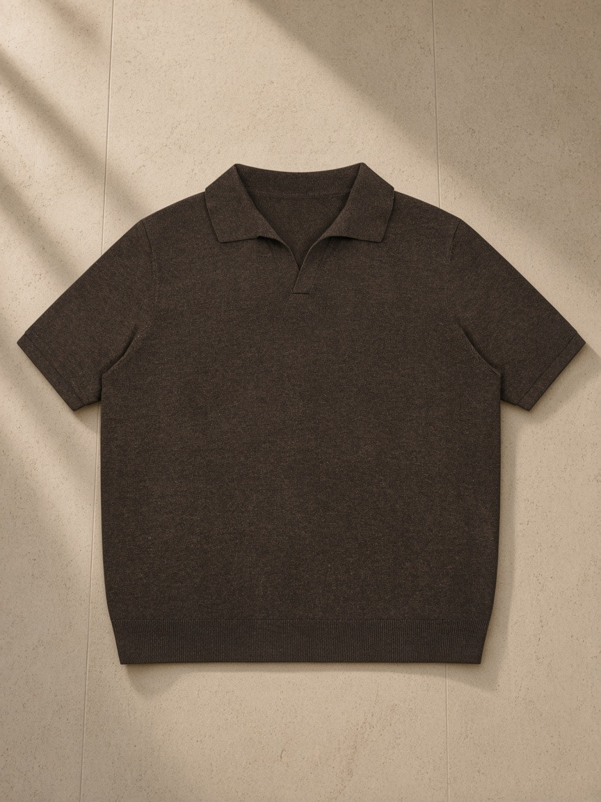 Heavyweight Oversized Polo in Dark Brown, laid flat on pale limestone