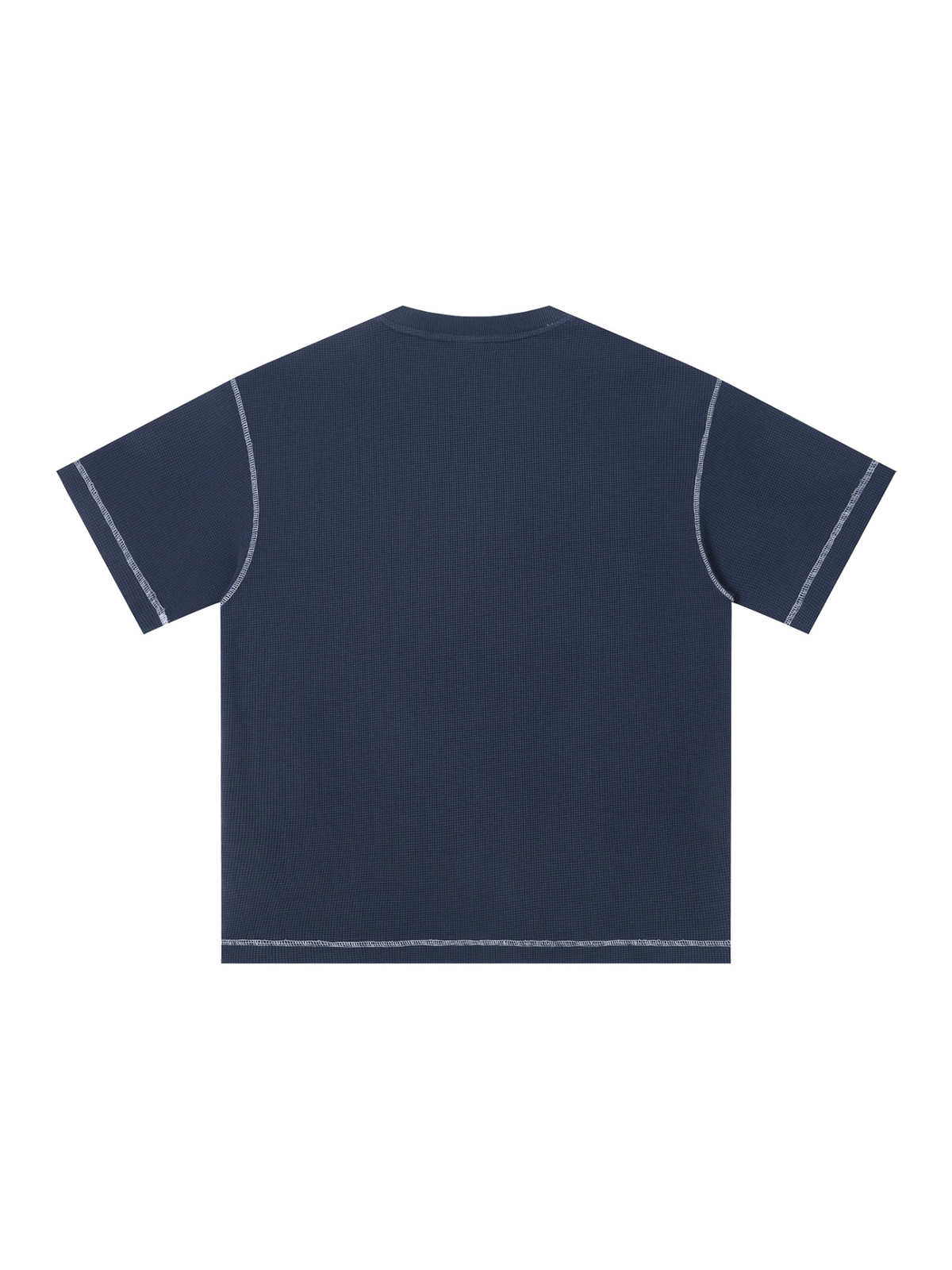 Unisex sunfade waffle boxy t-shirt in Navy Blue, back view on white. Marcel Afters