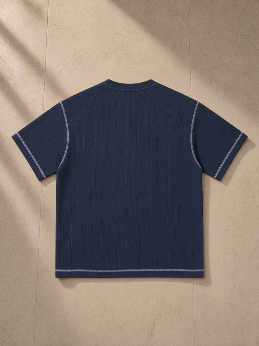 Sunfade Waffle Boxy T-Shirt in Navy Blue, laid flat on pale limestone, back.