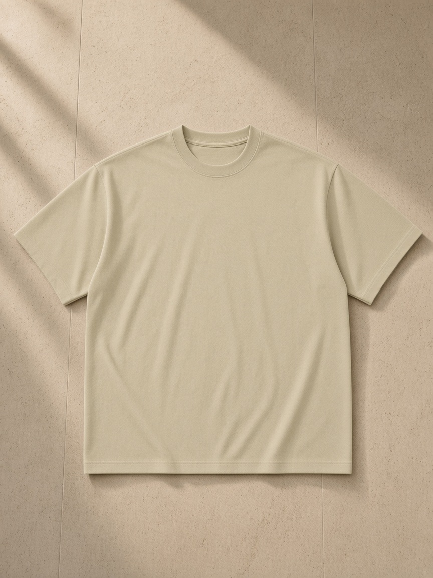Men's Heavyweight Drop Shoulder T-Shirt in Pale Khaki, laid flat on pale limestone