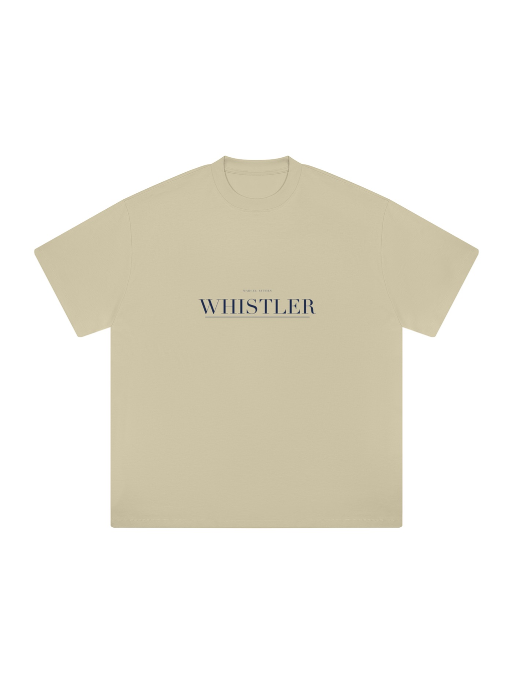 Whistler Heavyweight Drop Shoulder T-Shirt by Marcel Afters in Pale Khaki, front view with the printed artwork, on white