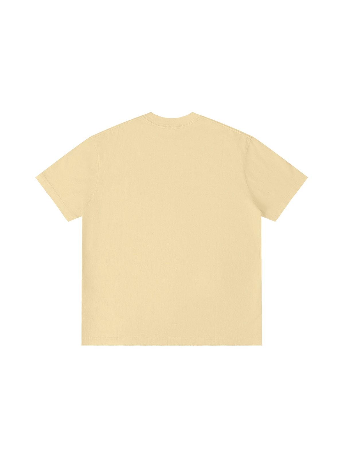 Unisex vintage wash distressed t-shirt in Khaki, back view on white. Marcel Afters