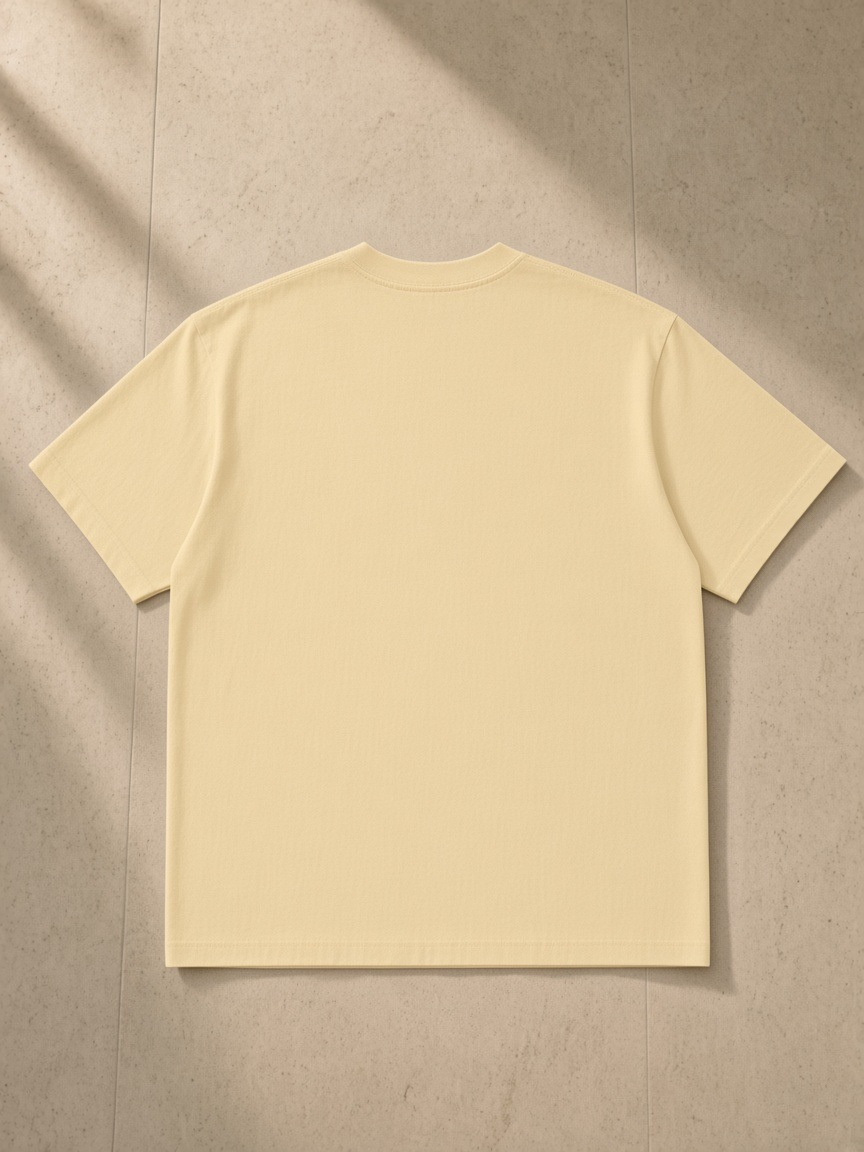 Vintage Wash Distressed T-Shirt in Khaki, laid flat on pale limestone, back.